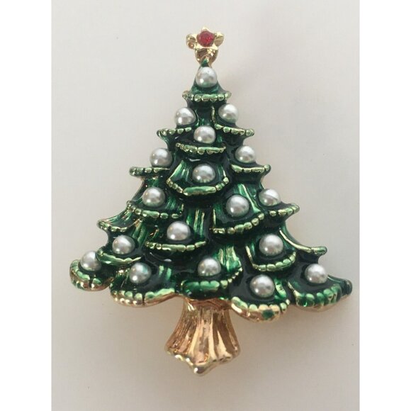 Vintage Christmas Tree Brooch Pin Taiwan Silver Ornaments Jewelry Red Star - Picture 2 of 6